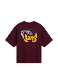Dark red oversized T-shirt with large graphic of a snake coiled around bold yellow text on the back.