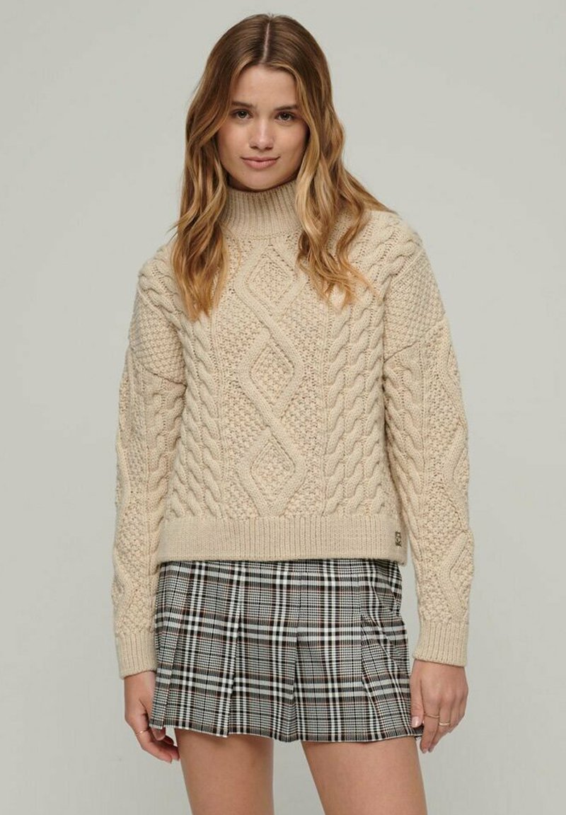 Superdry CABLE ROLL NECK - Jersey De Punto - Cream/amarillo Claro
