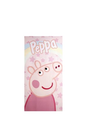 Cartoon-Schweinefigur mit rosa Wangen und rotem Kleid, lächelnd vor einem pastellfarbenen Hintergrund mit Sternen und Regenbogen, darüber der Text "Peppa".