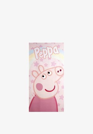 Personnage de dessin animé cochon avec des joues roses et une robe rouge, souriant sur un fond pastel avec des étoiles et un arc-en-ciel, texte "Peppa" en haut.