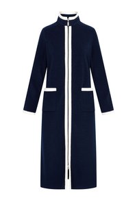 Navy long coat with a high collar, white zip closure, and two front pockets. Features white accents along the edges and vertical stripes.