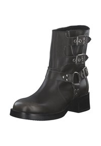 Stivale alla caviglia in pelle nera con tre cinturini regolabili, punta tonda e tacco spesso. Texture liscia e dettagli di design minimal.