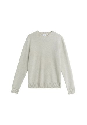 Ljusgrå tröja gjord av mjukt stickat tyg. Har rund hals, långa ärmar och ribbade manschetter och nederkant. Enkelt mönster utan tryck.