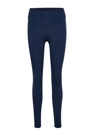 Marineblauwe legging van rekbaar materiaal. Hoge tailleband, naadloos ontwerp, zachte textuur. Geschikt voor sportieve of casual outfits.