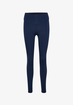 Marineblauwe legging van rekbaar materiaal. Hoge tailleband, naadloos ontwerp, zachte textuur. Geschikt voor sportieve of casual outfits.
