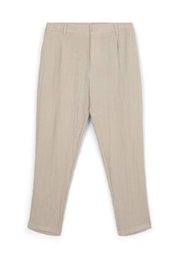 Pantaloni beige realizzati in tessuto leggero, con una vestibilità dritta, pince frontali, passanti per cintura e chiusura con un solo bottone.