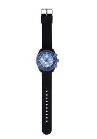 Reloj cronógrafo azul y negro con una caja octogonal, correa de silicona, subdiales en tono plateado y acentos azules. Se ajusta con una hebilla de metal.