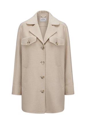 Beige Wollmischungmantel mit Reverskragen, sechs Knöpfen, zwei Klapptaschen und geradem Schnitt. Weiche Textur und minimalistisches Design.
