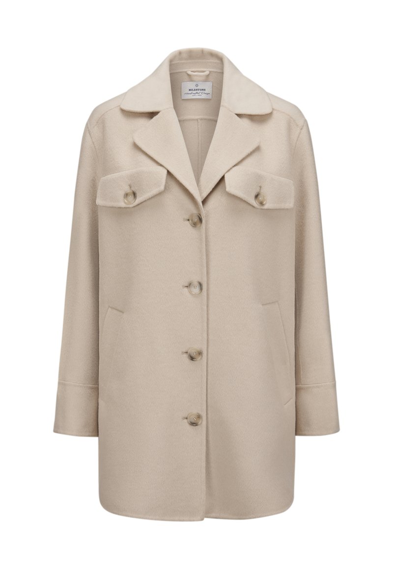 Beige Wollmischungmantel mit Reverskragen, sechs Knöpfen, zwei Klapptaschen und geradem Schnitt. Weiche Textur und minimalistisches Design.