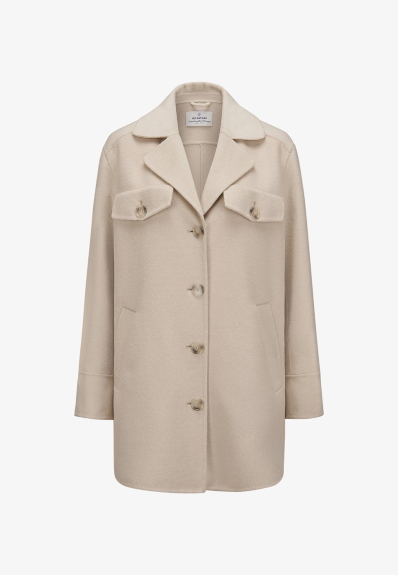 Beige Wollmischungmantel mit Reverskragen, sechs Knöpfen, zwei Klapptaschen und geradem Schnitt. Weiche Textur und minimalistisches Design.