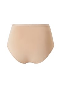 Beige højtaljede trusser med en glat tekstur, elastisk talje og sømløse kanter. Enkel design, der er velegnet til hverdagsbrug.