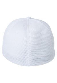 White mesh baseball cap with a rounded crown, featuring a smooth texture and ventilation holes throughout the fabric for breathability.