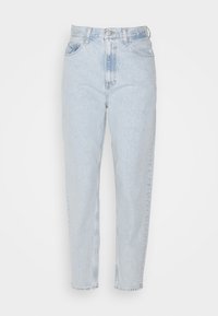 Ljus tvättade denimjeans med hög midja, raka ben, fem fickor, blekt utseende och klassisk knappstängning.
