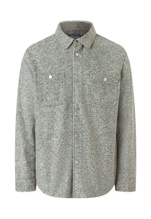 Grå uldjakke med fiskebensmønster, krave, trykknapper foran og to brystlommer med tryklås.