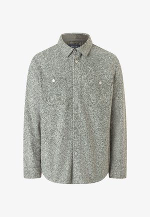 Chaqueta de lana gris con patrón espiga, con cuello, botones a presión en la parte delantera y dos bolsillos en el pecho con cierre de botón a presión.