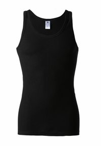 Black ribbed tank top made of cotton, featuring a round neck and wide shoulder straps. Simple, fitted design without embellishments.