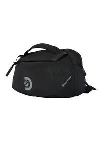 Mochila negra con forma curva, fabricada en tejido texturizado. Cuenta con un asa en la parte superior y una impresión de logo. Compartimento con cremallera visible.