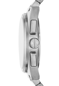 Stainless steel watch with a rounded case, two side buttons, and a smooth, unmarked dial. Features a brushed finish and structured design.