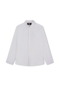 Chemise blanche à manches longues avec un col classique, devant à boutons, et un tissu léger et lisse. Présente une coupe décontractée et un ourlet droit.