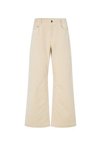 Pantaloni beige a gamba larga con tasche frontali, passanti per cintura e chiusura con bottone nero, mostrati su uno sfondo bianco.