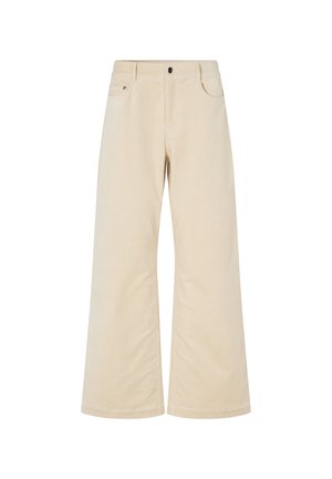 Pantaloni beige a gamba larga con tasche frontali, passanti per cintura e chiusura con bottone nero, mostrati su uno sfondo bianco.
