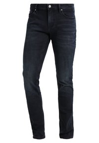 Dark blue slim-fit men's jeans with front pockets, belt loops, and button closure, shown against a white background.
