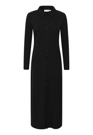 Schwarzes, geripptes Kleid mit Kragen, langen Ärmeln, Knopfverschlüsse vorne und Seitenschlitzen, das eine taillierte Silhouette und eine glatte Textur aufweist.