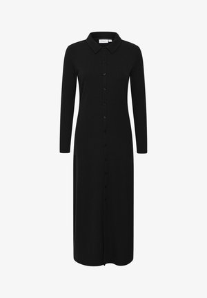 Schwarzes, geripptes Kleid mit Kragen, langen Ärmeln, Knopfverschlüsse vorne und Seitenschlitzen, das eine taillierte Silhouette und eine glatte Textur aufweist.