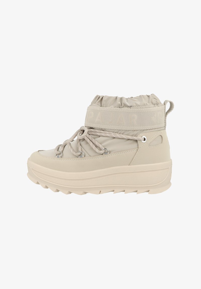 Stivale invernale beige con suola spessa e scolpita, lacci avvolgenti, polsino imbottito alla caviglia e linguetta sul tallone.