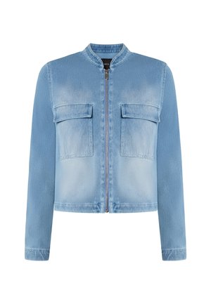 Light blue denim jacket with a ribbed collar, front zipper, and two chest pockets. Textured fabric and classic cropped design.