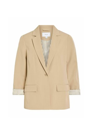 Beige blazer med enkelt knaplukning, hakrevers, lommer med klap og opsmøgede manchetter med striber, der har en indvendig foret med striber.