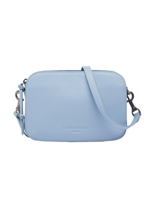 Jasnoniebieska prostokątna torba na ramię z odłączanym paskiem, gładka skórzana faktura i subtelne logo umieszczone na środku frontu.