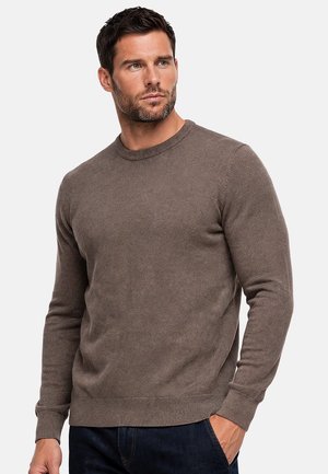 Uomo con capelli scuri e barba che indossa un maglione marrone semplice a maniche lunghe e pantaloni scuri, in piedi con una mano in tasca.