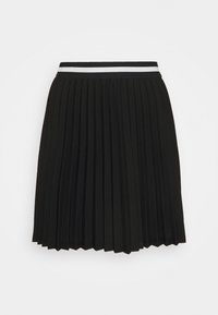 Gonna nera plissettata con una vita elastica a righe bianche, caratterizzata da una forma svasata e una consistenza liscia.