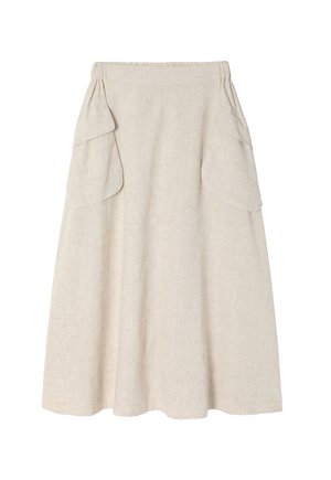Gonna beige chiaro realizzata in tessuto texturizzato, con tasche laterali e un ampio elastico in vita per il massimo comfort. Silhouette a trapezio.