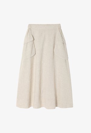 Lys beige nederdel lavet af tekstureret stof, med sidelommer og et bredt, elastisk taljebånd for komfort. A-facon.