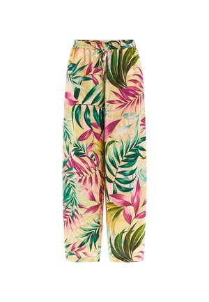 Pantaloni leggeri e larghi di colore giallo pallido con un motivo di foglie tropicali multicolori. Presentano una vita elasticizzata e un cordoncino di regolazione.