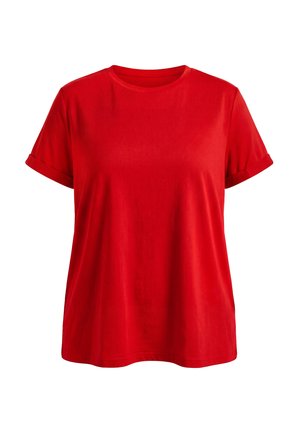 Rood katoenen T-shirt met korte mouwen, omgeslagen boorden en een ronde hals, weergegeven op een witte achtergrond.
