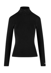 Maglione a maniche lunghe nero a coste con collo a mezza zip e silhouette aderente, realizzato in un tessuto morbido ed elastico. Design minimalista.