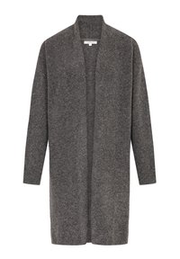 Grå cardigan i mjuk ull, med öppen framsida, långa ärmar och ribbade ärmslut. Har en avslappnad passform och en minimalistisk stil.