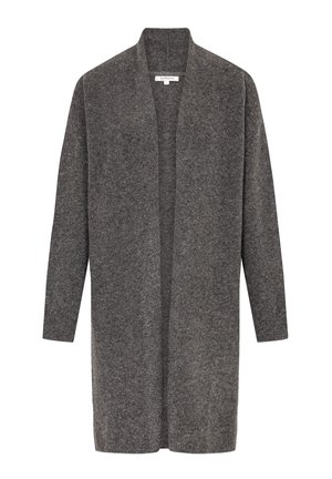 Cardigan gris en laine douce, design à ouvertures à l'avant, manches longues et poignets côtelés. Il présente une coupe décontractée et un style minimaliste.