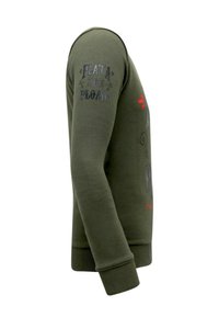 Olijf groene katoenen sweatshirt met lange mouwen, ribgebreide manchetten en bedrukte tekst en graphics in grijs en rood op de voorkant en mouw.