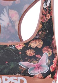 Sport-BH mit mehrfarbigem Blumen- und Schmetterlingsdruck auf dunklem Hintergrund und hellbrauner Einfassung und Band.