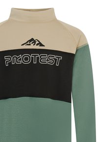Langsluiting top in beige, zwart en mintgroen. Beschikt over een hoge kraag, zachte textuur en een bergafbeelding boven het "PROTEST" logo.