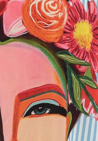 Bunte Illustration mit einem Gesicht, das kräftiges Augen-Makeup trägt, umgeben von rosa und orangefarbenen Blumen, lebendigen grünen Blättern und einem gestreiften Hintergrund.