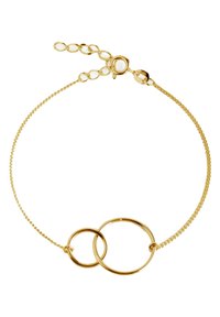 Bracciale in oro con due anelli circolari intrecciati, uno più grande dell'altro. Catena delicata e sottile con chiusura a moschettone.