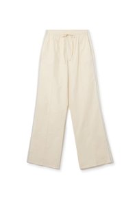 Pantalones de pierna ancha color crema con cintura elástica, cordón y franjas laterales en contraste. Fabricados en un tejido ligero con una textura suave.