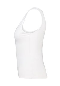 Sleeveless white tank top with a scoop neckline, made from smooth, stretchy fabric. The design offers a fitted silhouette and minimal seams.