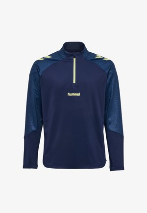 Marineblaues Langarm-Quarter-Zip-Top mit strukturierten Akzenten in Hellblau und Grün. Mit einem Logo auf der Brust und einem schlanken, sportlichen Design.