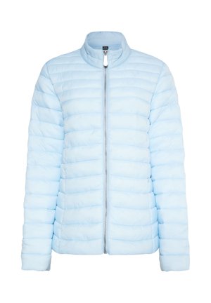 Světle modrá péřová bunda s horizontálním prošíváním, stojáčkovým límcem, zipovým zapínáním a dlouhými rukávy. Hladký, lehký materiál.